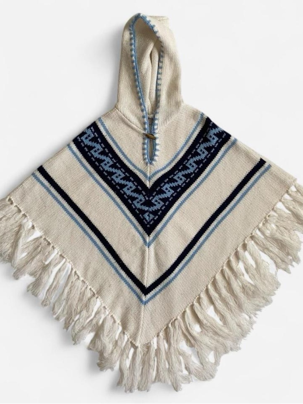 Vintage Y2K white & blue knit hooded fringe poncho